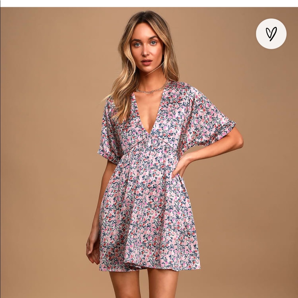 LULUS Express Yourself Blush Pink Floral Print Satin Babydoll Dress